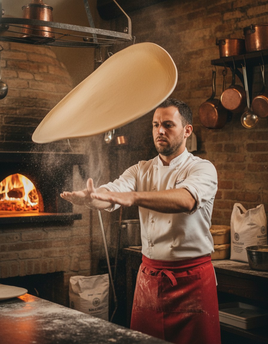 Our head chef preparing pizza dough